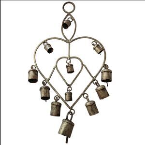 Wind Chimes Gold Metal Heart With 12 Bells Vintage With Patina & Rust 14" x 8"
